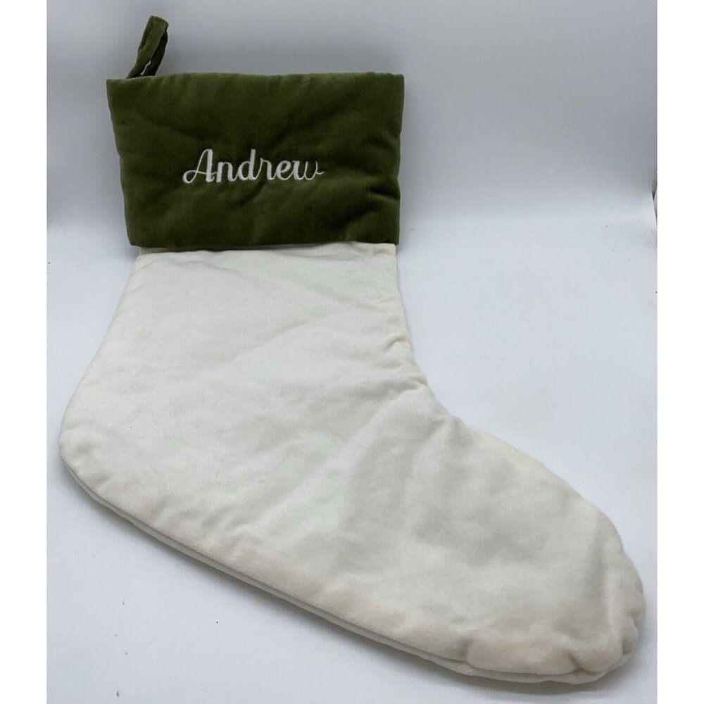 Pottery Barn Andrew Velvet Christmas Holiday Stocking Monogrammed Cream 19 inch